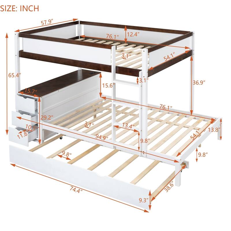 Merax Full/Twin Bunk Bed with Twin size Trundle, Storage and Desk
