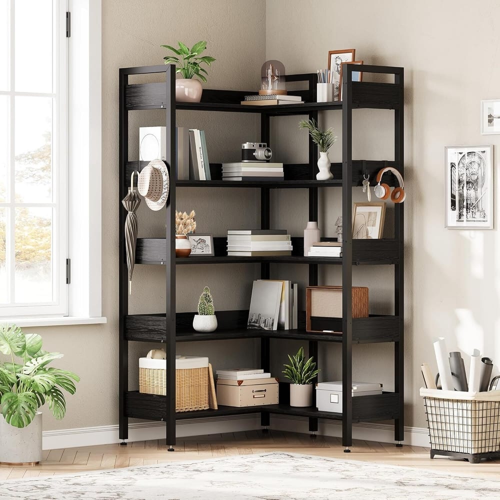 5-Tier Corner Convertible Bookshelf, Industrial Bookcase for Living Room, Bedroom