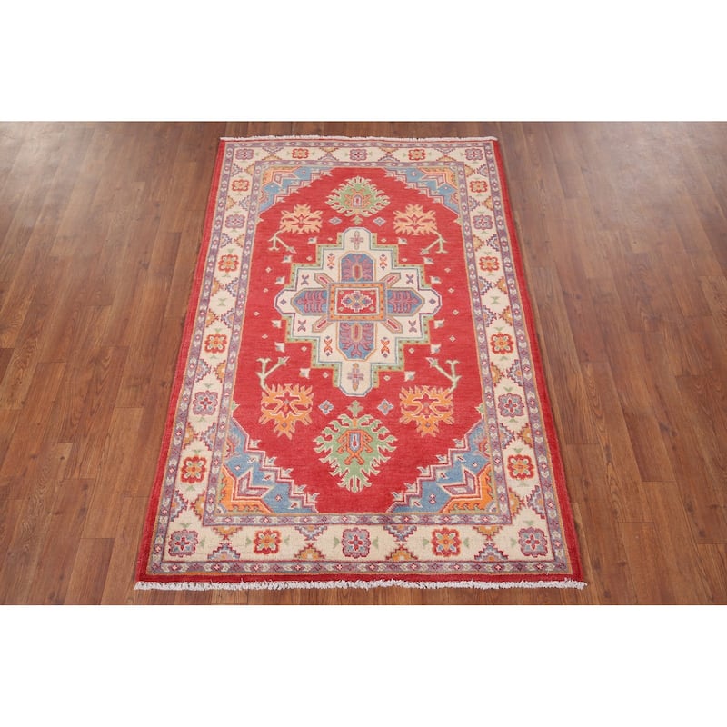 Geometric Kazak Accent Rug Hand-Knotted Traditional Wool Carpet - 3'5" x 5'2"