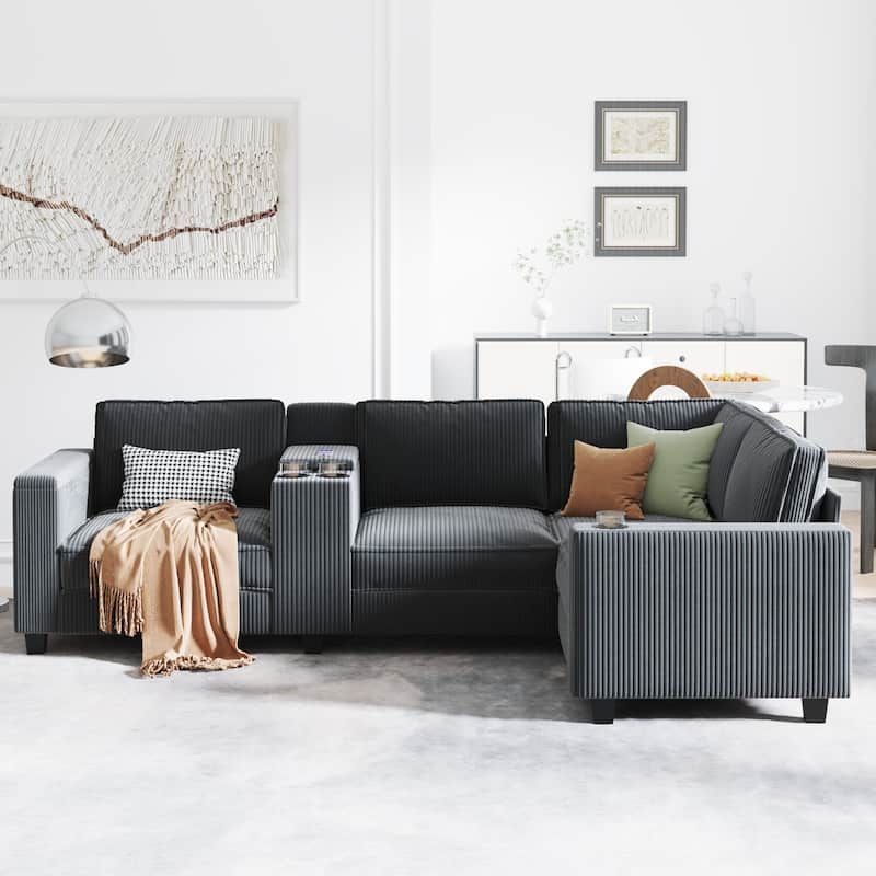 105.5" Corduroy L-Shaped Sectional Sofa with USB, 4-Seater