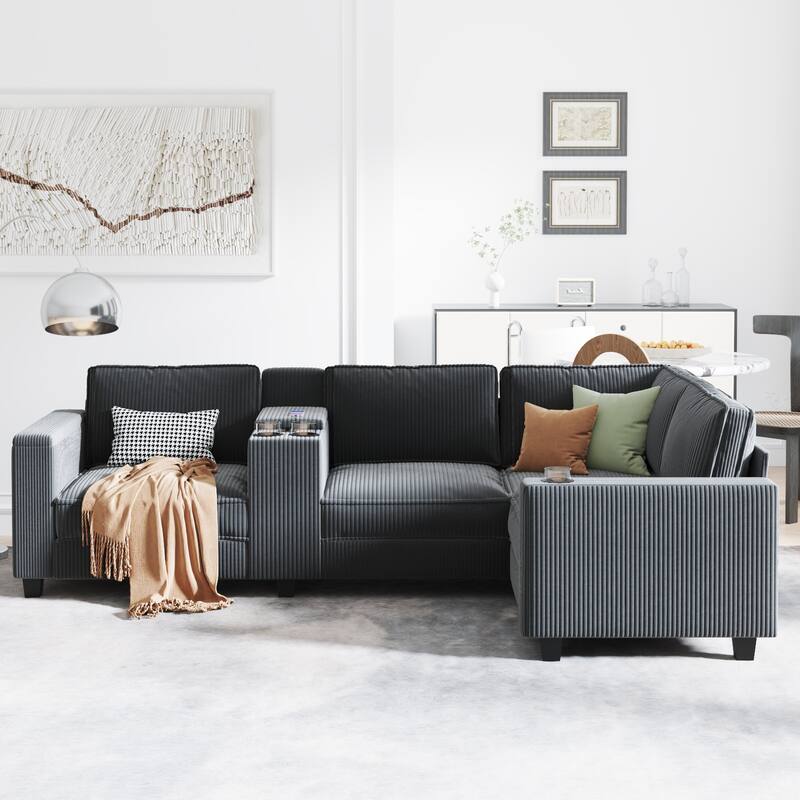 133" L-Shaped 6-Seater Corduroy Sectional - Storage Armrests with USB Charging & Reversible Design