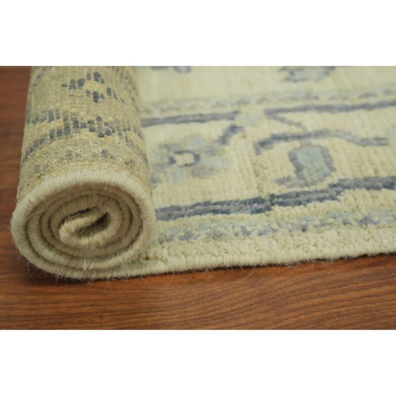 Vegetable Dye Floral Oushak Turkish Runner Rug, Floral Geometric Carpet - 12' 4'' X 2' 8''