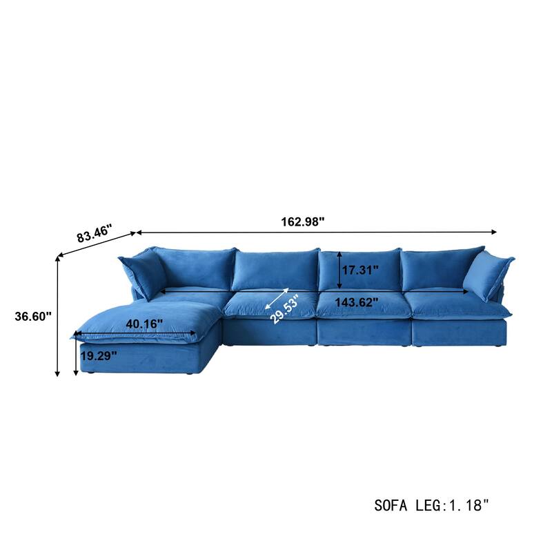 Cloud Sectional Sofa, 5-Seater Down Feather Modular Sofa L-shaped Velvet Wide Deep Seat Convertible Couch.