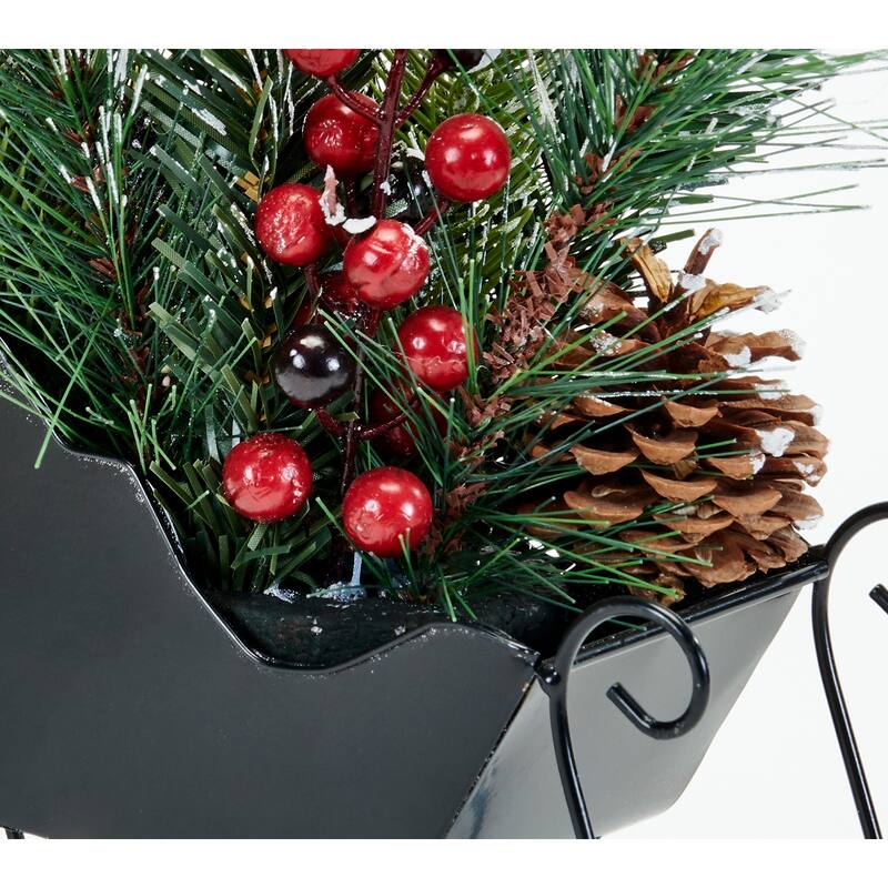 11" Artificial Pine, Berries & Pine Cone Arrangement In Metal Christmas Sleigh Tabletop Decoration - 11