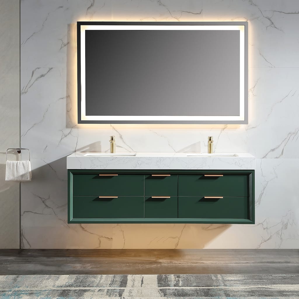 60 Inch Solid Wood Frame Wall-Mounted Bathroom Vanity Set with Double Ceramic Basin