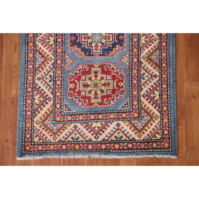 Blue Geometric Kazak Runner Rug Hand-Knotted Wool Carpet - 2'9" x 11'3"