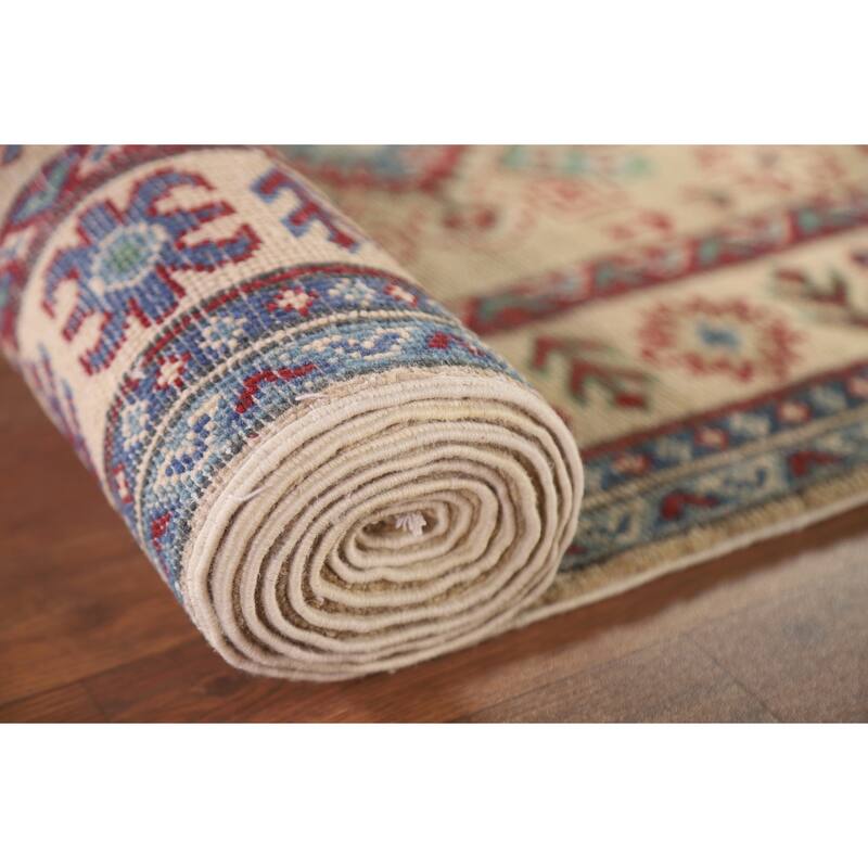 Hand Knotted Oriental 100% Wool Carpet Traditional Geometric Beige & Ivories Kazak Runner Rug - 12' 8'' X 2' 10''