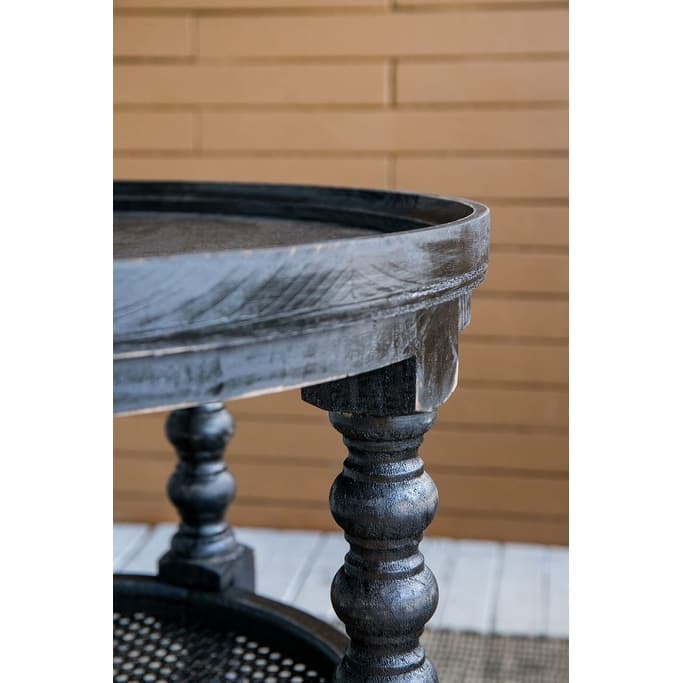 GDFStudio - Jonah Traditional Three-Tier Side Table with Rattan Shelves and Turned Wood Legs - 25.6"