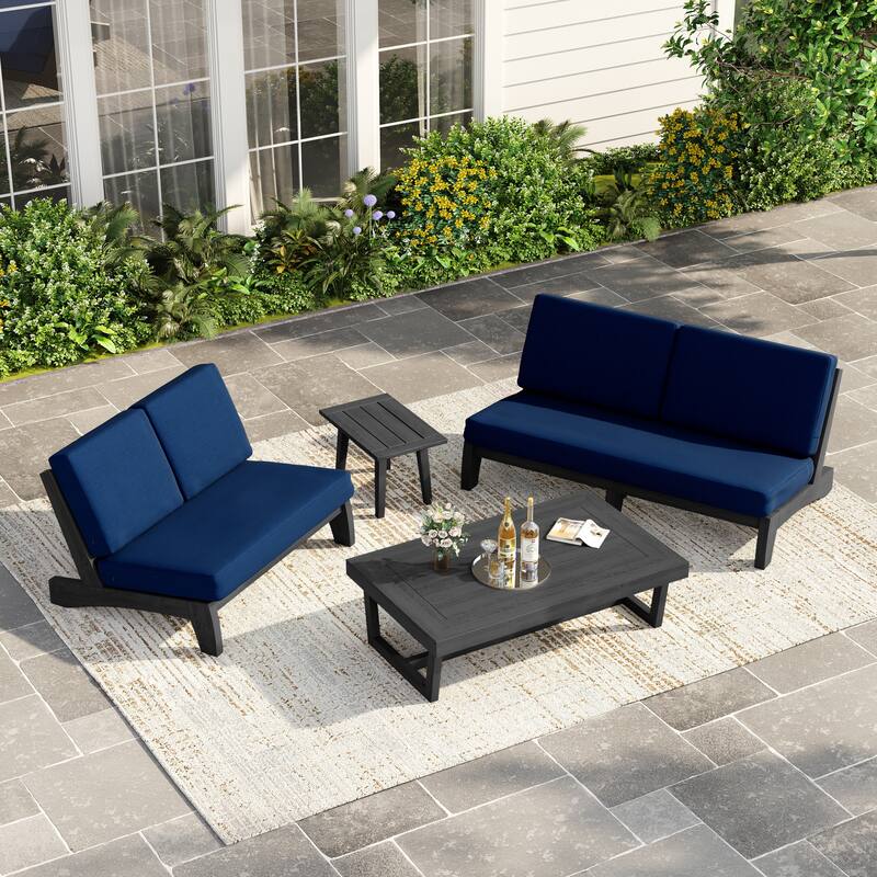 Casual Teak Outdoor Patio Conversation Set with Cushioned Sofa Loveaseat - Dark Wood - Navy-4 Piece