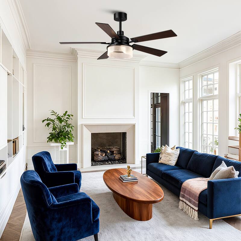 52" Modern Black Reversible 5 Blades Dimmable LED Ceiling Fan with Light and Remote