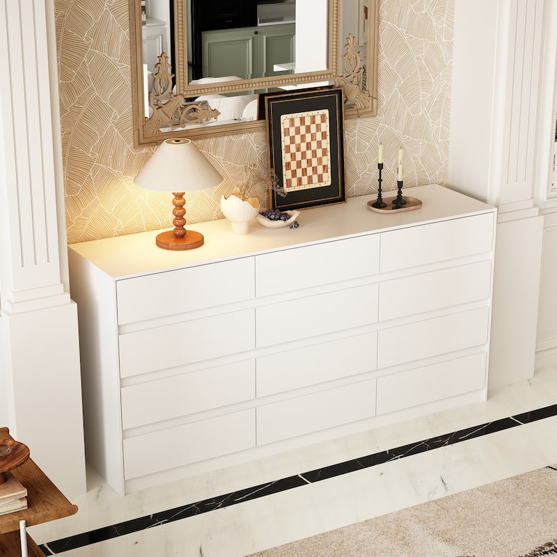 Modern 12-Drawer Bedroom Dresser - Sleek Storage Chest, White or Black