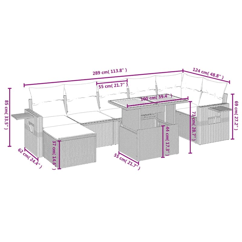 vidaXL Patio Sofa Set with Cushions Outdoor Furniture 8 Piece Poly Rattan - 21.7 x 24.4 x 27.2