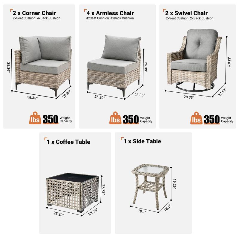 HOOOWOOO 10-piece Wicker Patio Furniture Set Sectional Sofa with Swivel Chair