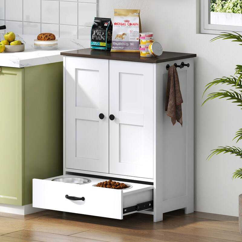 Dog Feeding Station, Dog Food Storage Cabinet with Hidden Dog Bowls, Adjustable Panel, Hooks, for Medium Sized Dogs, White - White + Deep Walnut