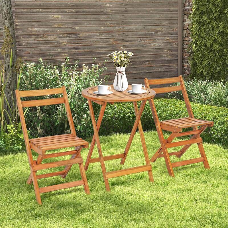 3 PCS Folding Patio Bistro Set Wood Chair Table Set Outdoor Dining Set