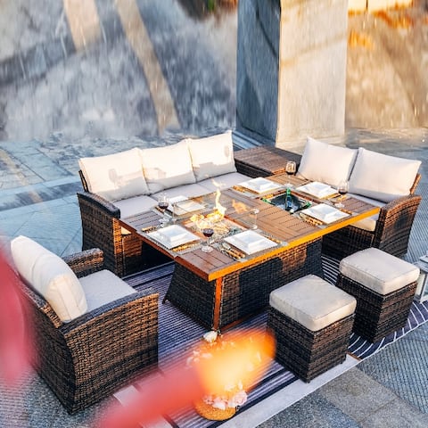 New stylish 7-Piece Patio Conversational Sofa Set With Gas Fire pit And Ice bucket Rectangle Dining Table including storage box