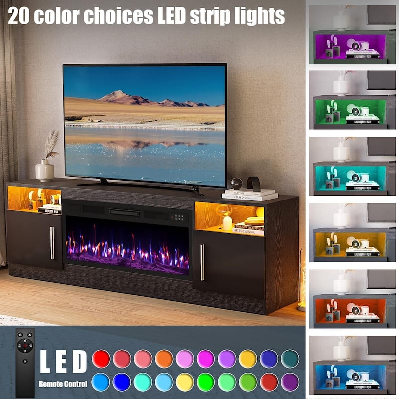 Bossin 70" Fireplace TV Stand with 36" Electric Fireplace, TV Stand for TVs Up to 80", 20 Colors LED Lights/Entertainment Center