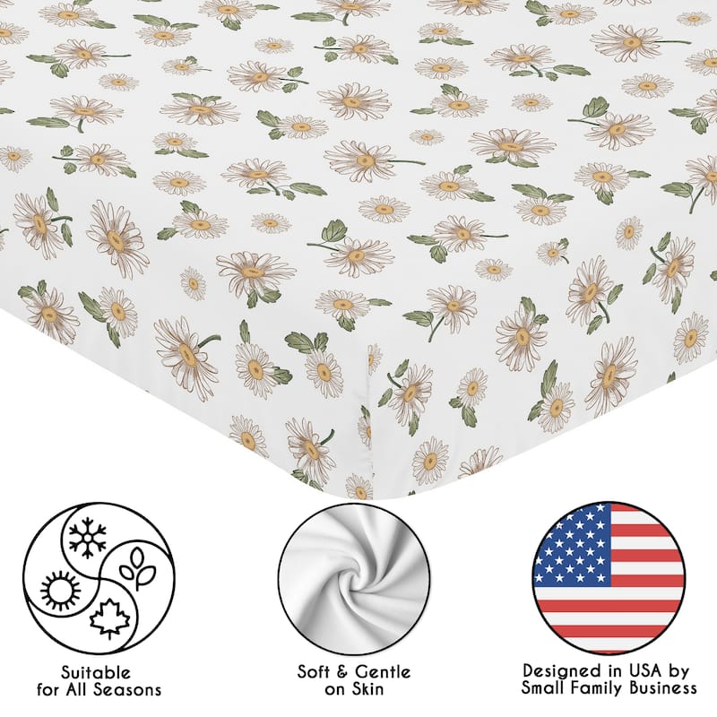 Sweet Jojo Designs Vintage Daisy Floral Girl Fitted Crib Sheet - Boho, White Daisies, Bohemian, Shabby Chic, Flower, Farmhouse