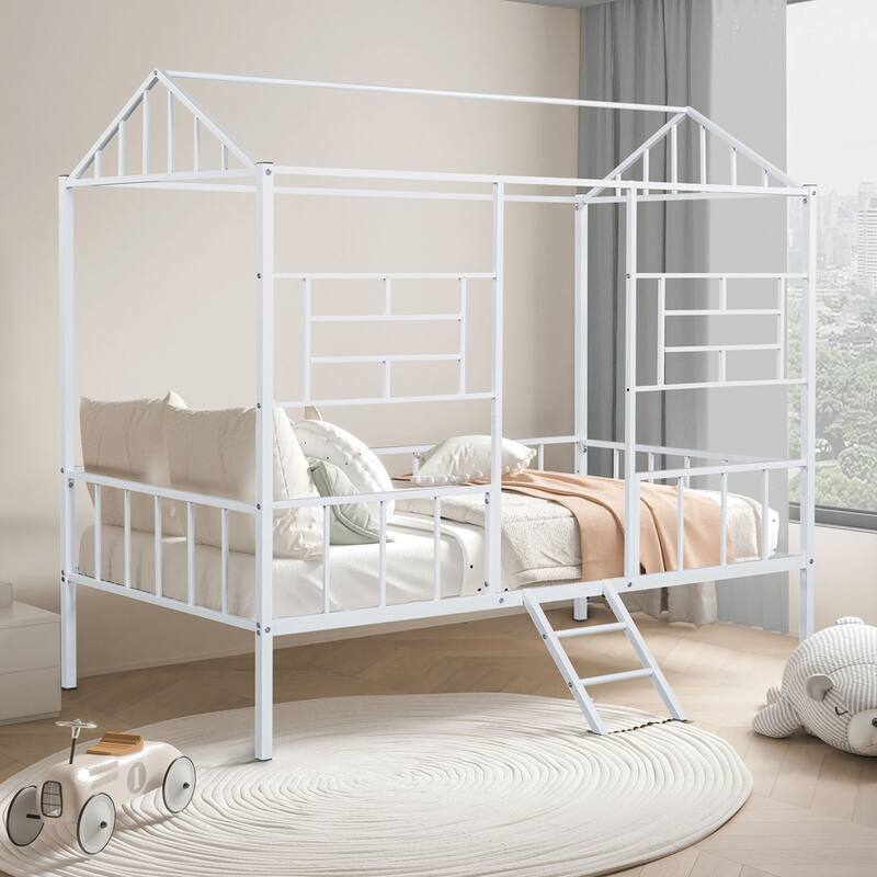Twin Loft Bed with Angled Ladder and House Design, White Metal Frame, Contemporary Style - White