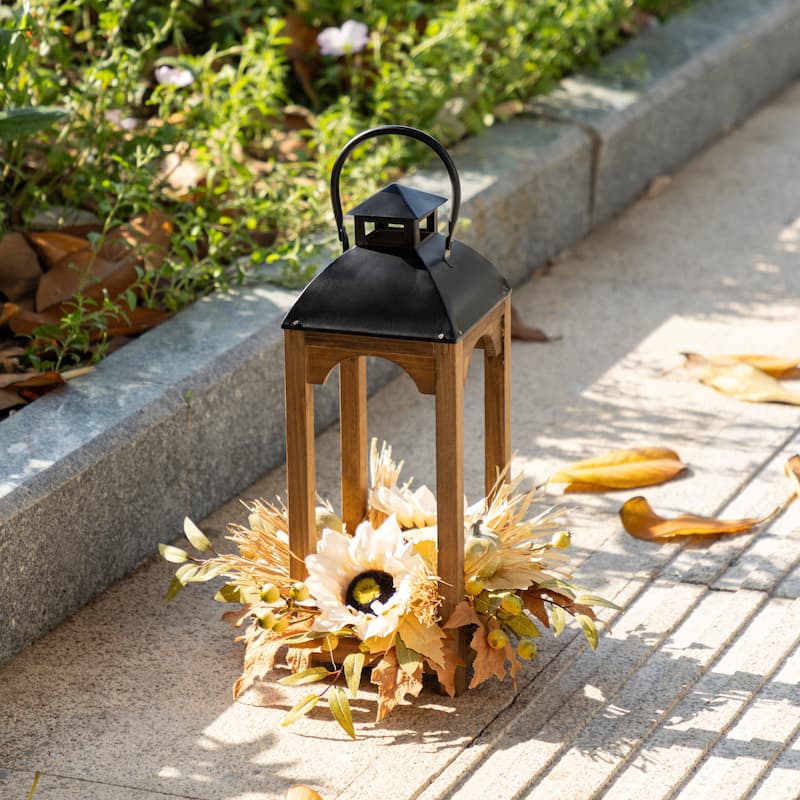Glitzhome 20"H Fall Pumpkin Sunflower Pine Cone Wooden Hanging Lantern Table Centerpiece