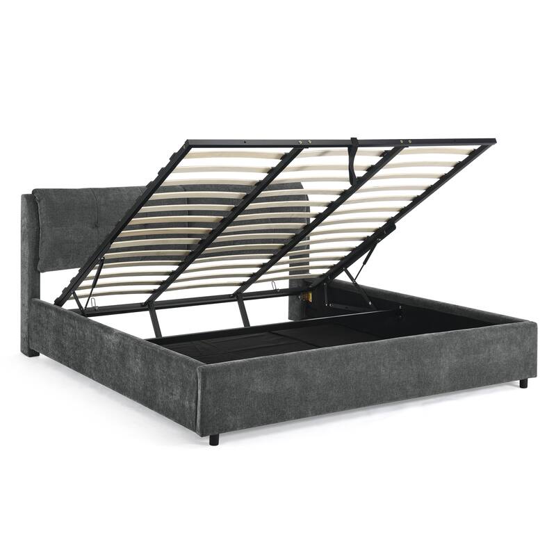 King Size Storage Upholstered Hydraulic Platform Bed with Integrated Headboard