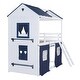 preview thumbnail 6 of 16, Twin Size Bunk Bed Wood House Bed Kids Bed with Elegant Windows Sills and Tent, Blue+White