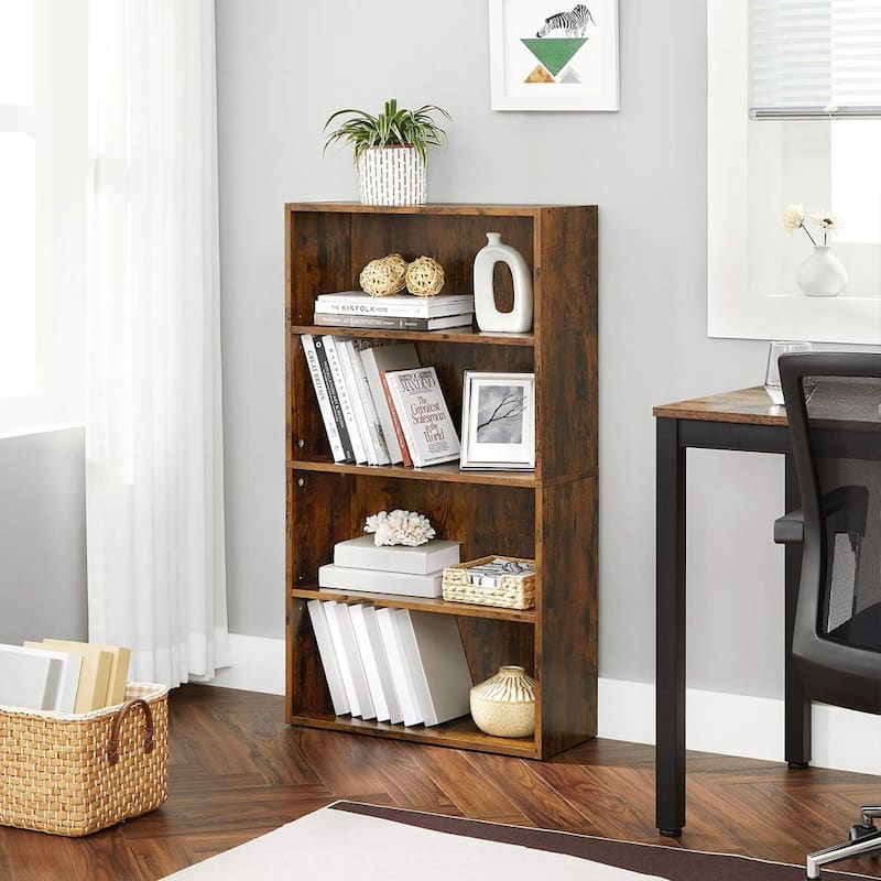Freestanding 4-Tier Rustic Brown Wooden Bookshelf with Adjustable Shelves for Living Room or Office - 9.4"D x 23.6"W x 42.3"H