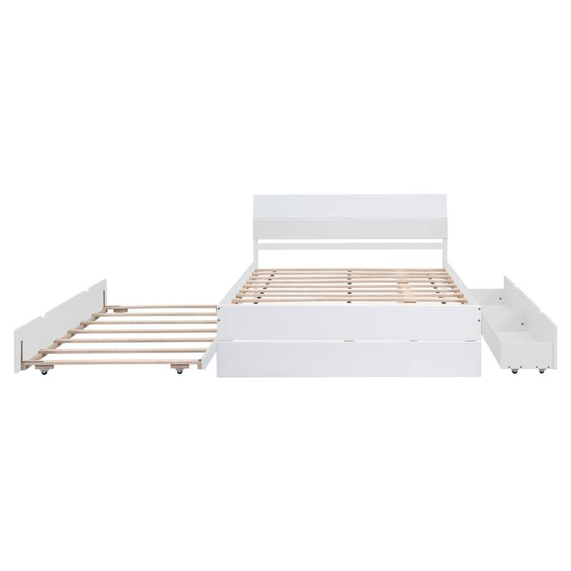 Full Size Wooden Platform Bed Frame with Trundle Bed and 2 Drawers