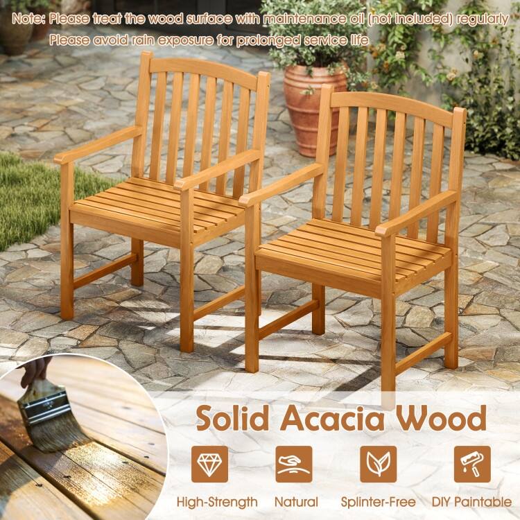 Set of 2 Natural Acacia Wood Patio Armchairs with Slatted Seat, Ergonomic Back and 400lb Capacity - 22.5" x 24" x 36"