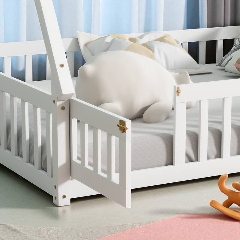 Full Size Rubber Wood Teepee Floor Bed with Guardrails, Slats and Door for Kids Bedroom