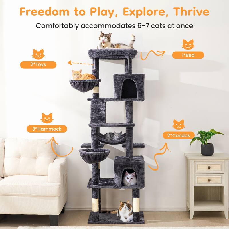 73" Multi-Level Cat Tree Tower with Condos, Hammock & Scratching Posts - Sturdy Cat Furniture for Large Cats