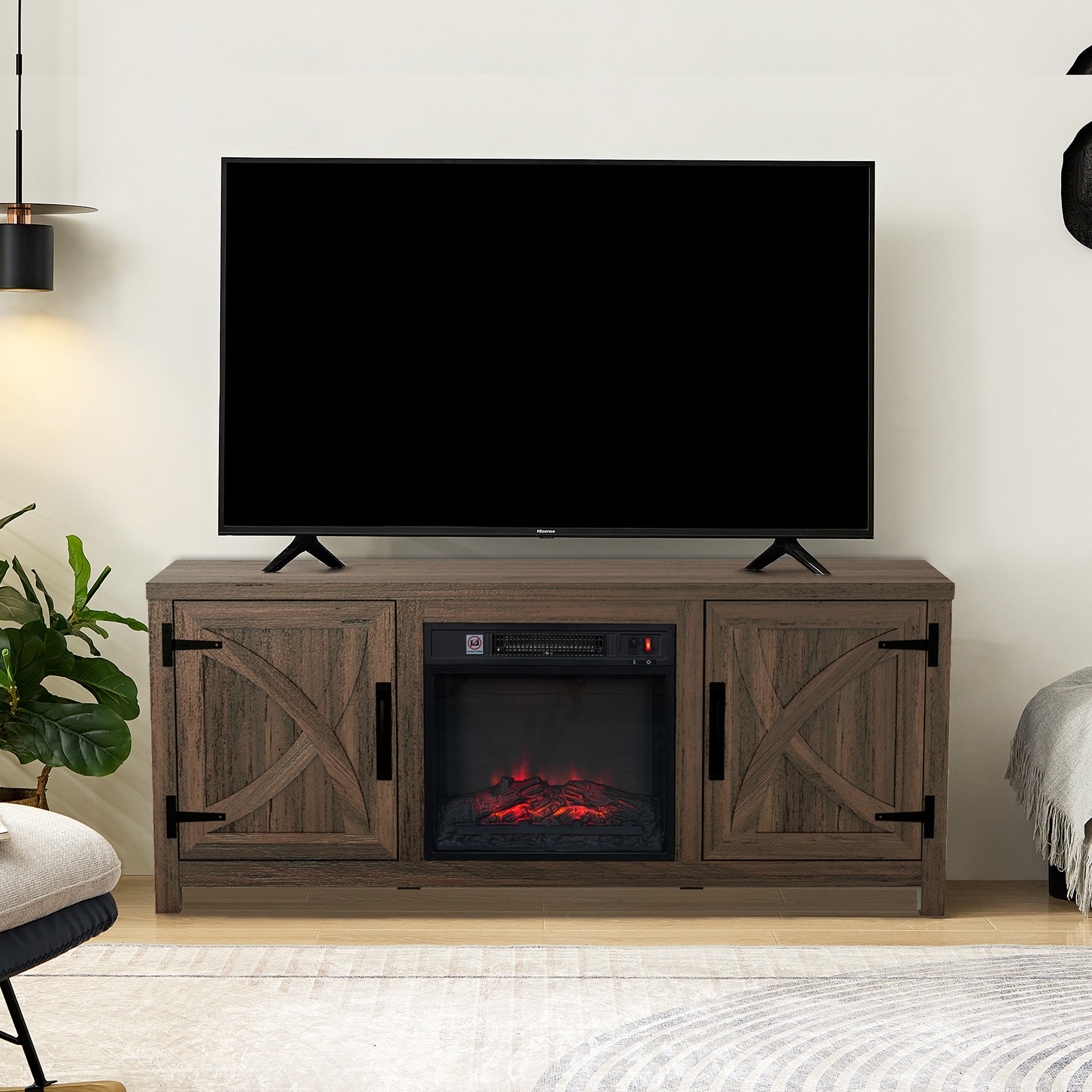 58-Inch Farmhouse Electric Fireplace TV Stand with Storage Cabinets and Adjustable Shelves