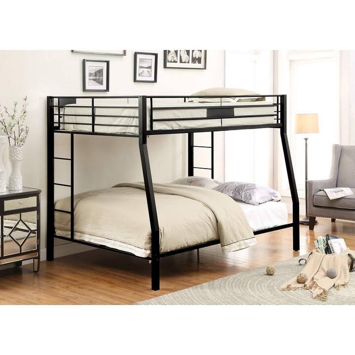 Full XL Bunk Bed - Mid-Century Modern Design, Black Finish, Metal Slats & Ladders