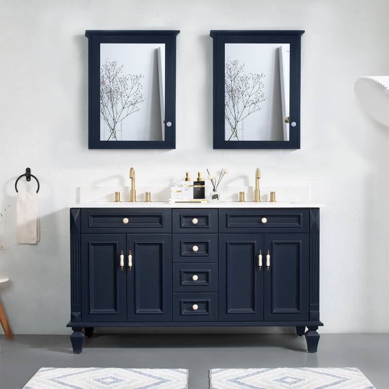 35'' H Solid Wood Bath Vanity with Stain-resistant Carrera White Quartz Top and Double Sink - Navy Blue-60"W