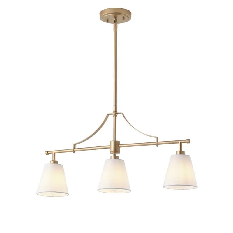3 Light Linear Island Chandelier Deep Gold Painted Iron Frame Off White Fabric Shades