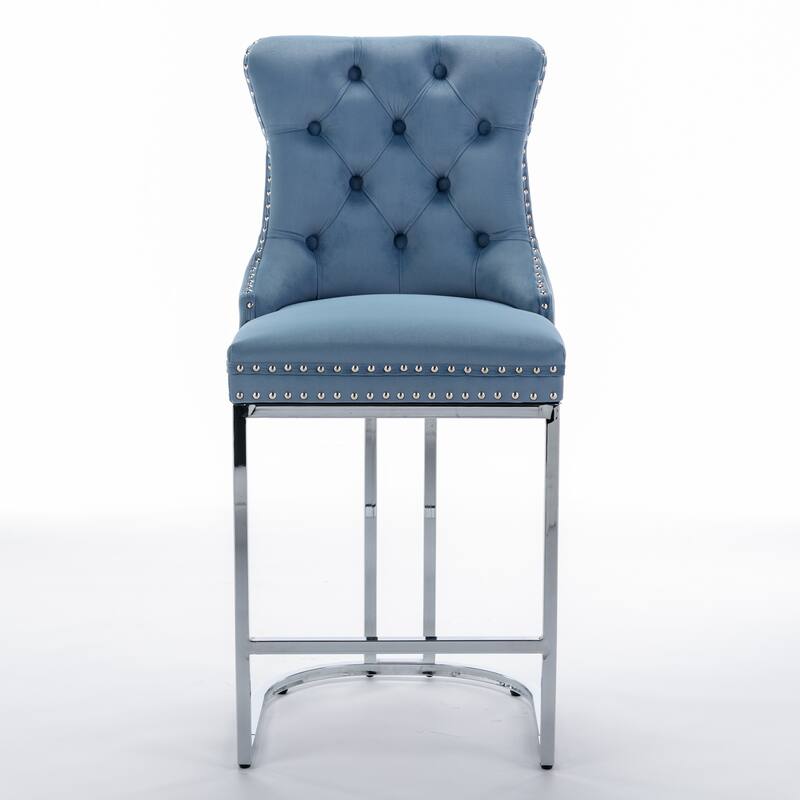 Counter Height Bar Stools Set of 2, Blue Tufted Upholstered Dining Barstool w/ Nailhead Trim, 26" Wingback Kitchen Island Chairs