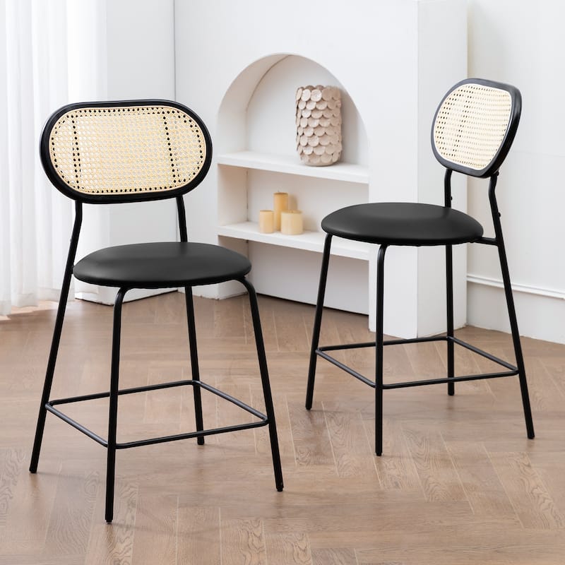 24 in. Rattan Counter Height Bar Stools with Faux Leather Seat (set of 2)
