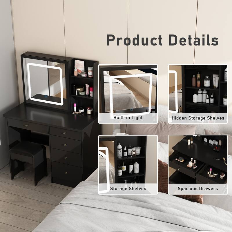 39.4'' Make up Vanity Set with Stool Mirror Hidden Storage Touch Light