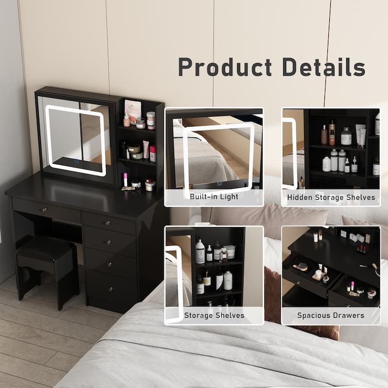 Makeup Vanity Table Set with Three-Color Light Mirror&Mirror & Stool - N/A