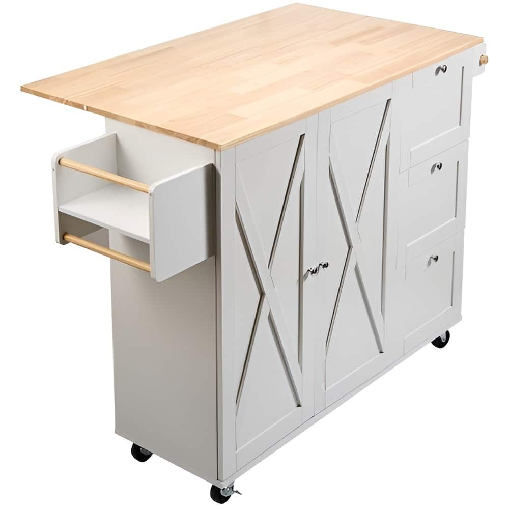 White Wood Kitchen Island Cart with Drop Leaf, Storage and Wheels - 45.3” L x 26.7” W x 39” H