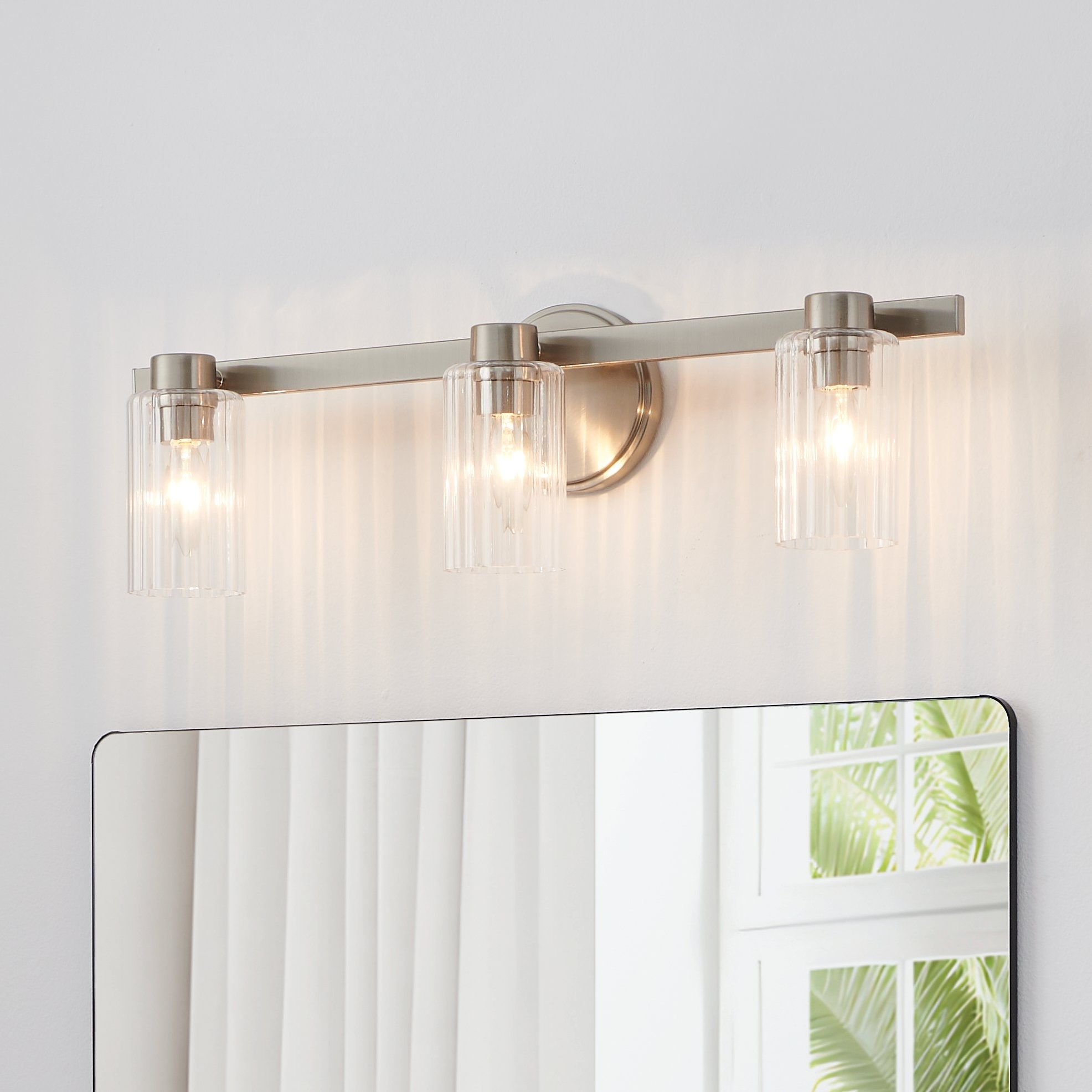 Thesis Bedminster 24-inch 3-light Brushed Nickel Vanity Light with Clear Ribbed Glass Shades