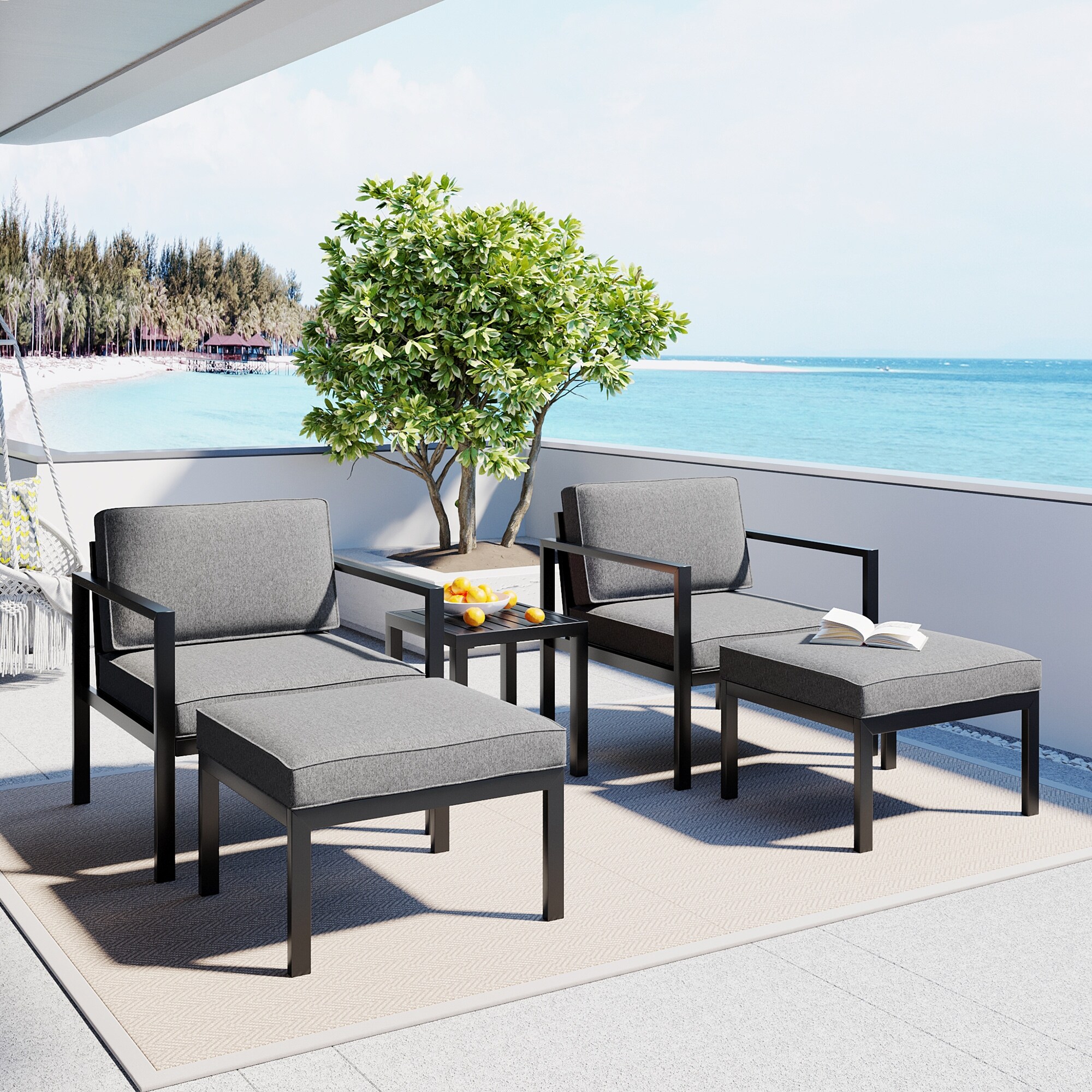 5 Piece Outdoor Patio Furniture Set for 4 Cushioned Sofa Seating