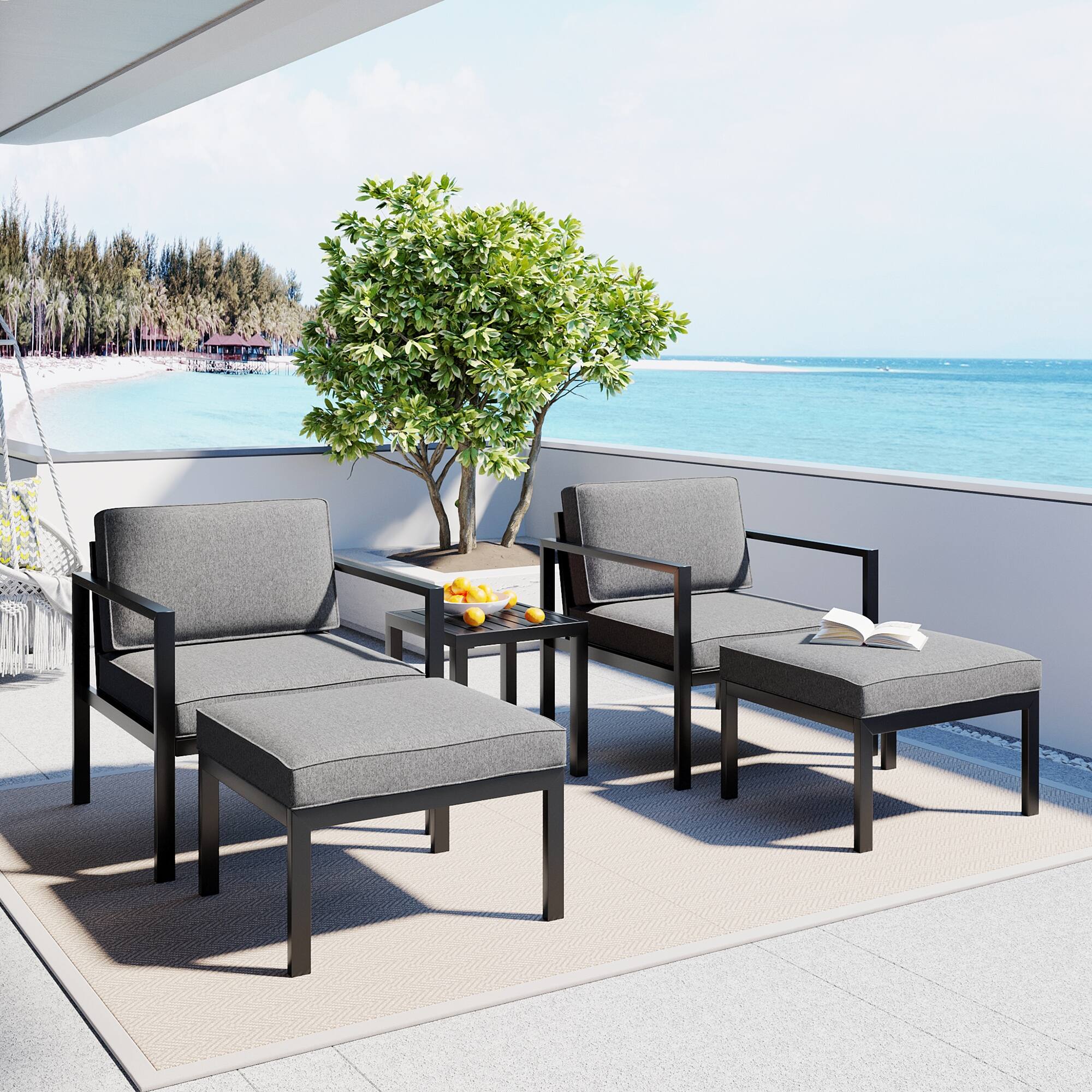 Stylish 5Piece Aluminum Alloy Patio Sofa Set with Coffee Table Bed