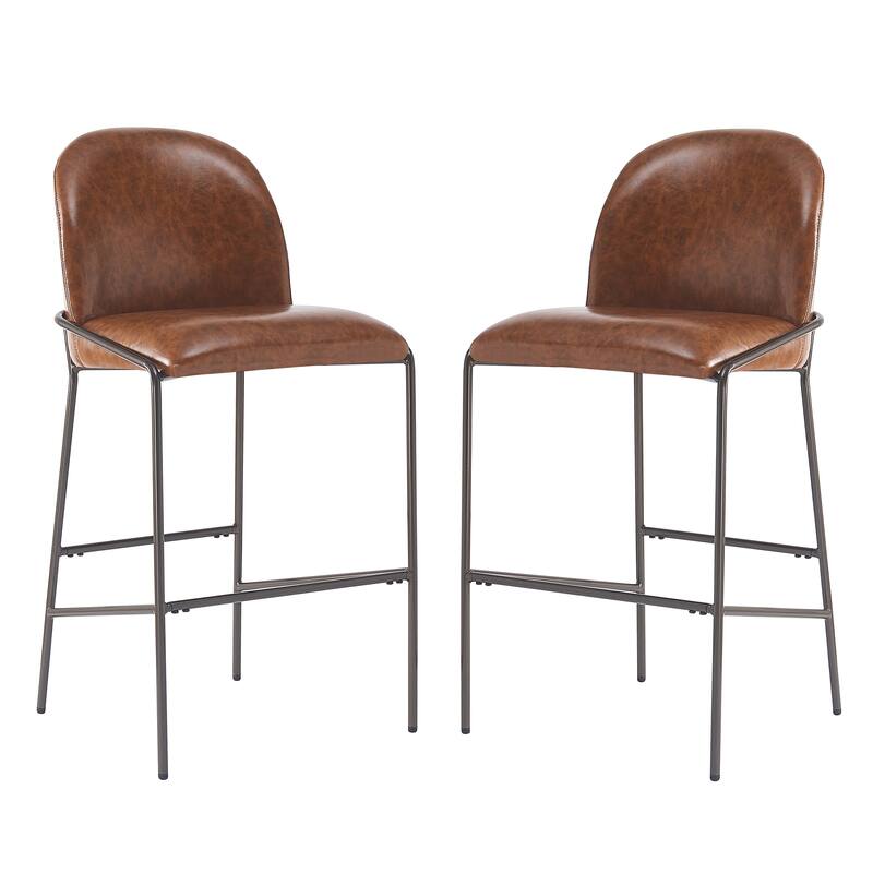 Faux Leather Upholstered Bar Stools Set of 2, Breakfast Bar Chairs with Curved Backrest, Kitchen Stools with Metal Footrest - Brown