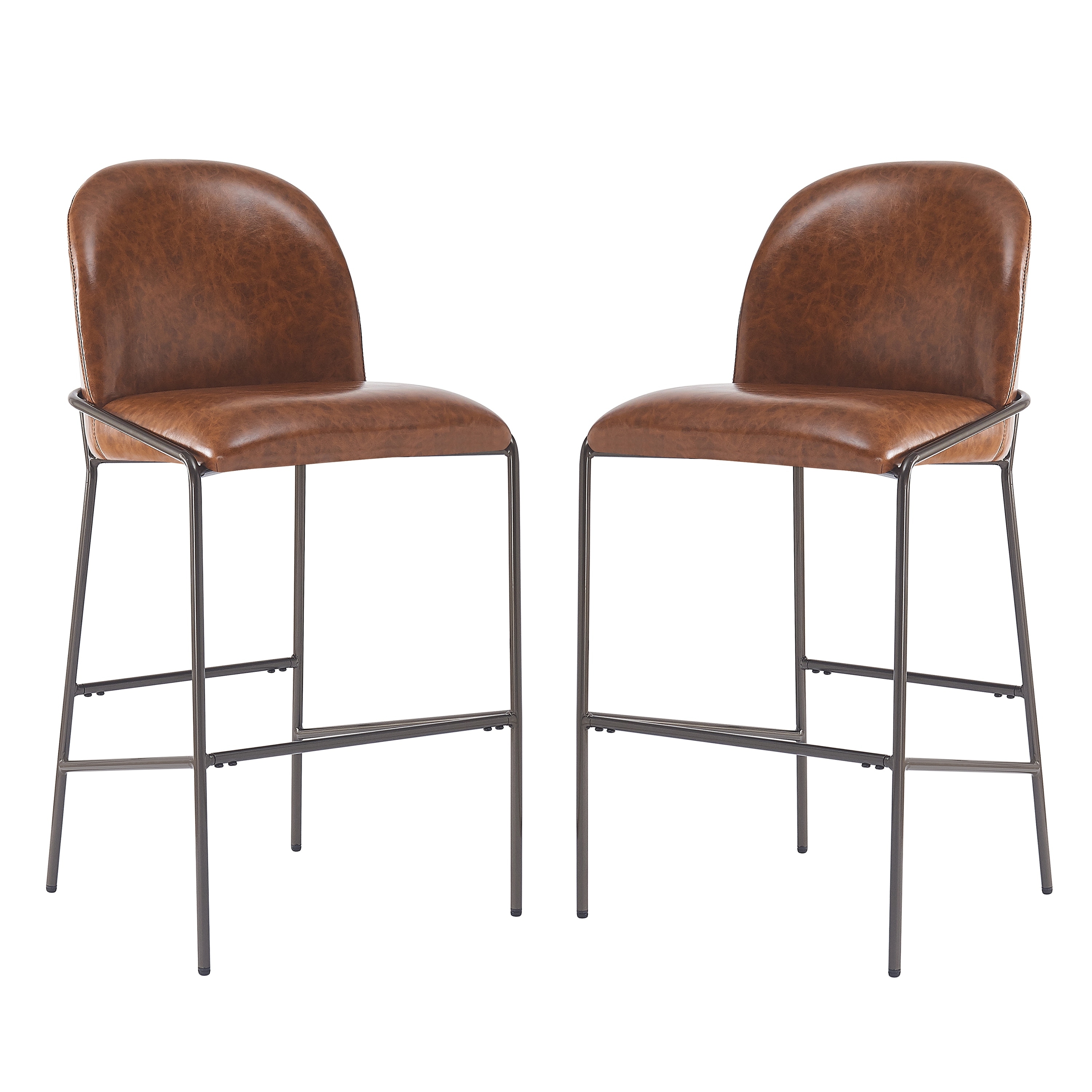 Faux Leather Upholstered Bar Stools Set of 2, Breakfast Bar Chairs with Curved Backrest, Kitchen Stools with Metal Footrest