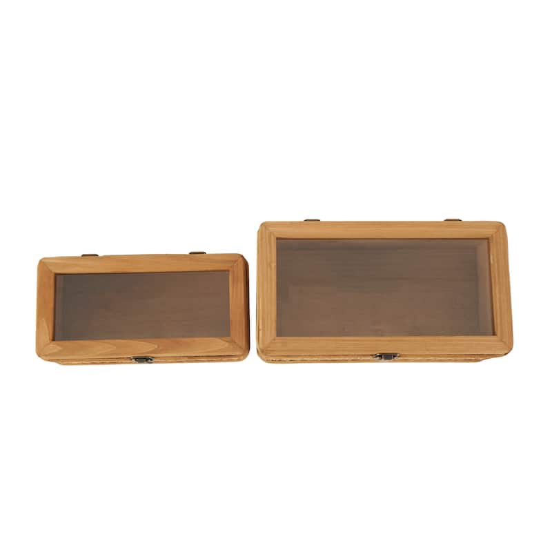 Brown Rattan Handmade Woven Rattan Decorative Box with Glass Tops and Bronze Latches (Set of 2)