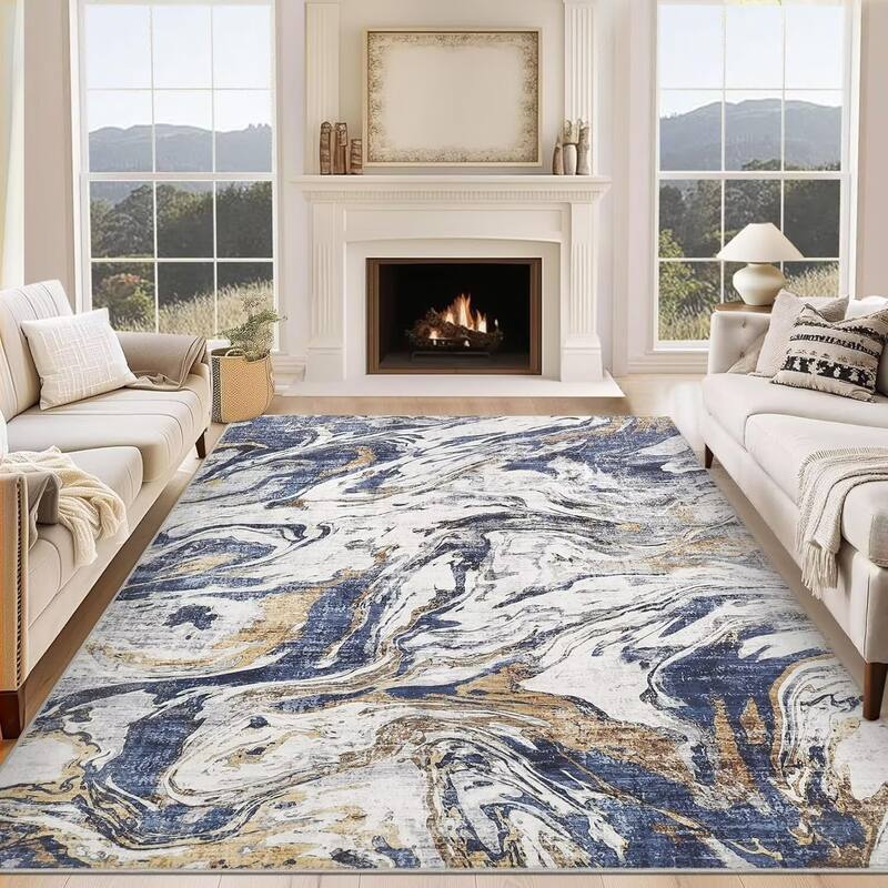 Modern Abstract Area Rug Washable Non-Slip Low Pile Rugs for Living Room Bedroom - 8'x10' - Blue