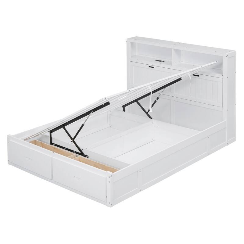 Queen Size Hydraulic Platform Bed with LED,Charging Station and 2 Drawers