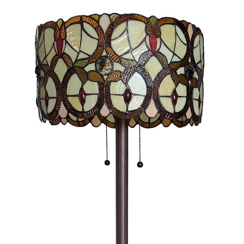 HomeRoots 63" Beige Metal Two Light Torchiere Floor Lamp With Red And White Flowers Glass Drum Shade - 16