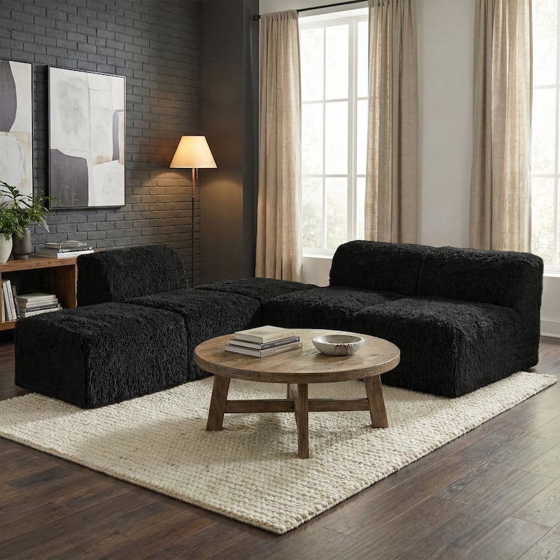 Furniture of America Ylena Modern 5-Piece Faux Fur Foam Modular Armless Compressed Sectional Sofa with Ottoman - Black